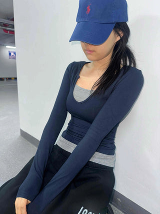 New Basic Deep U-Neck Layered Long Sleeve T-Shirt
