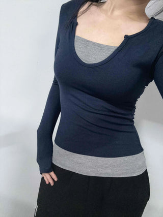 New Basic Deep U-Neck Layered Long Sleeve T-Shirt