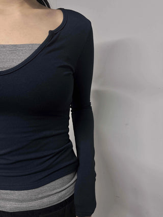 New Basic Deep U-Neck Layered Long Sleeve T-Shirt