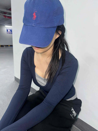 New Basic Deep U-Neck Layered Long Sleeve T-Shirt