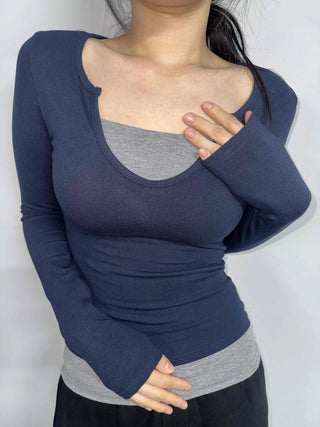 New Basic Deep U-Neck Layered Long Sleeve T-Shirt