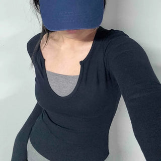 New Basic Deep U-Neck Layered Long Sleeve T-Shirt