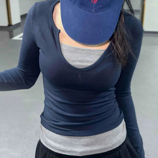 New Basic Deep U-Neck Layered Long Sleeve T-Shirt