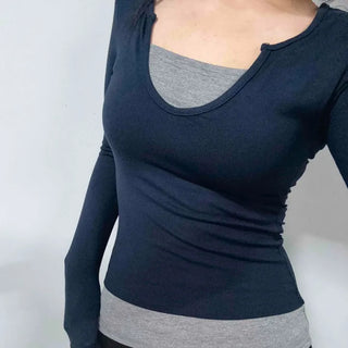 New Basic Deep U-Neck Layered Long Sleeve T-Shirt