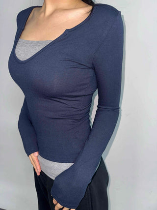 New Basic Deep U-Neck Layered Long Sleeve T-Shirt