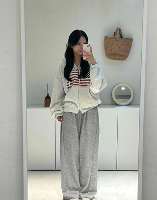 Effortless American Flag Plain Cotton Long Pants