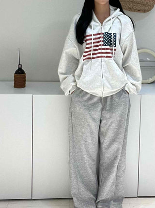 Effortless American Flag Plain Cotton Long Pants