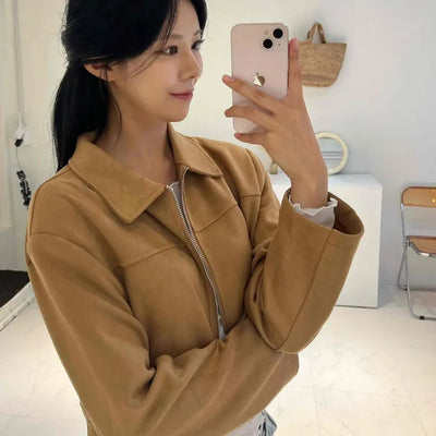 Natural Plain Shirt Collar Suede Jacket