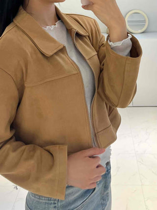Natural Plain Shirt Collar Suede Jacket