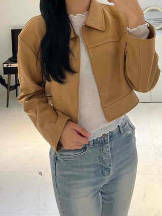 Natural Plain Shirt Collar Suede Jacket