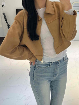 Natural Plain Shirt Collar Suede Jacket