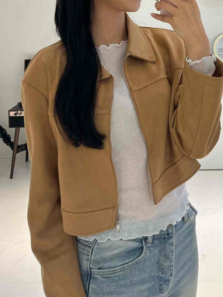 Natural Plain Shirt Collar Suede Jacket