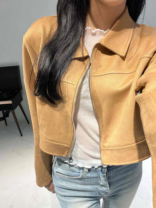 Natural Plain Shirt Collar Suede Jacket