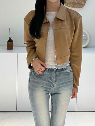 Natural Plain Shirt Collar Suede Jacket