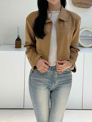 Natural Plain Shirt Collar Suede Jacket