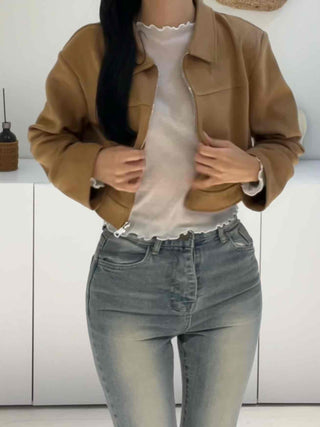 Natural Plain Shirt Collar Suede Jacket