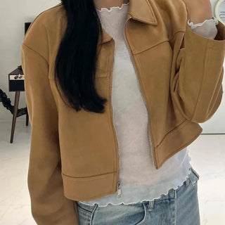 Natural Plain Shirt Collar Suede Jacket