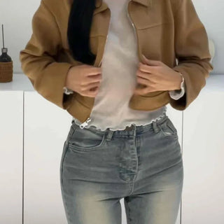 Natural Plain Shirt Collar Suede Jacket
