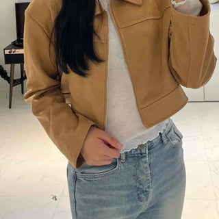 Natural Plain Shirt Collar Suede Jacket