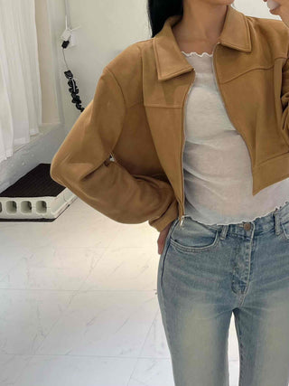Natural Plain Shirt Collar Suede Jacket