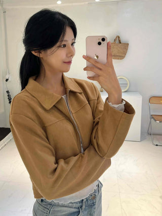 Natural Plain Shirt Collar Suede Jacket