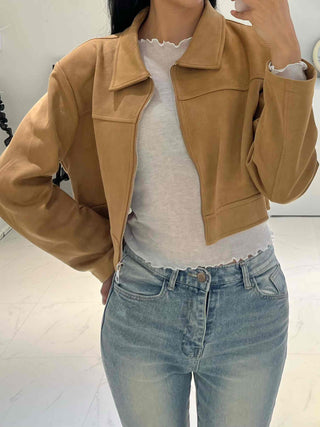 Natural Plain Shirt Collar Suede Jacket