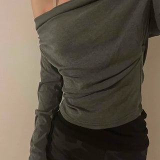 Simple Trendy Plain Off-Shoulder Drape T-shirt