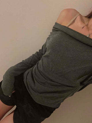Simple Trendy Plain Off-Shoulder Drape T-shirt