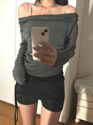 Simple Trendy Plain Off-Shoulder Drape T-shirt