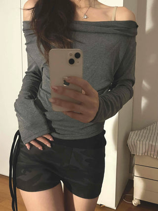 Simple Trendy Plain Off-Shoulder Drape T-shirt