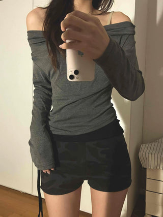 Simple Trendy Plain Off-Shoulder Drape T-shirt