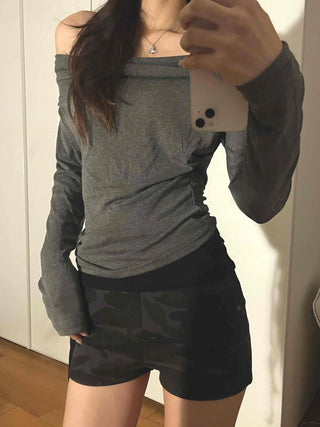 Simple Trendy Plain Off-Shoulder Drape T-shirt