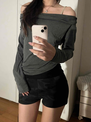 Simple Trendy Plain Off-Shoulder Drape T-shirt