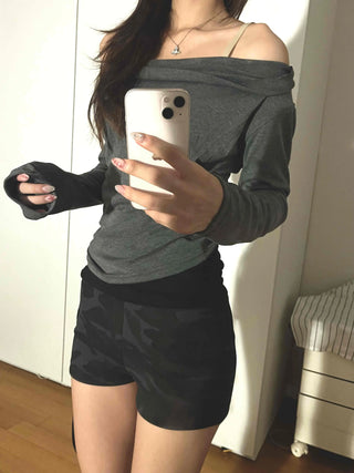 Simple Trendy Plain Off-Shoulder Drape T-shirt