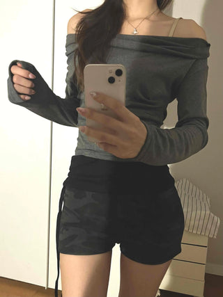 Simple Trendy Plain Off-Shoulder Drape T-shirt