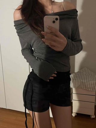 Simple Trendy Plain Off-Shoulder Drape T-shirt