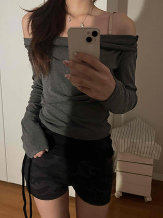 Simple Trendy Plain Off-Shoulder Drape T-shirt