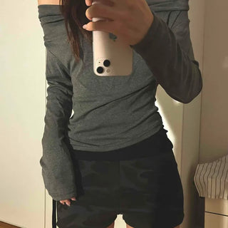 Simple Trendy Plain Off-Shoulder Drape T-shirt