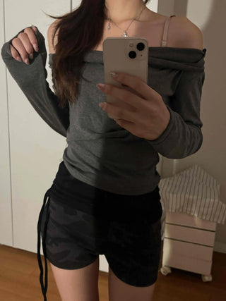 Simple Trendy Plain Off-Shoulder Drape T-shirt
