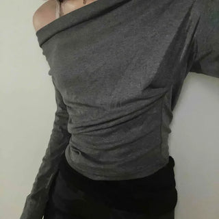 Simple Trendy Plain Off-Shoulder Drape T-shirt