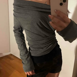Simple Trendy Plain Off-Shoulder Drape T-shirt