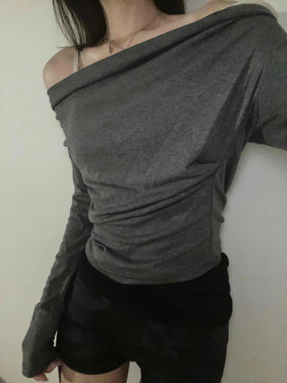Simple Trendy Plain Off-Shoulder Drape T-shirt