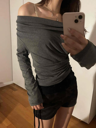 Simple Trendy Plain Off-Shoulder Drape T-shirt