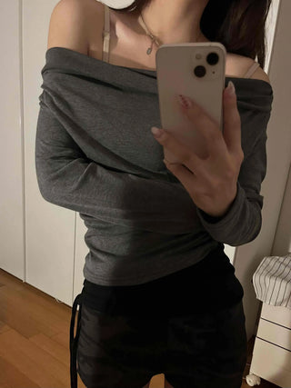 Simple Trendy Plain Off-Shoulder Drape T-shirt