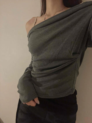 Simple Trendy Plain Off-Shoulder Drape T-shirt