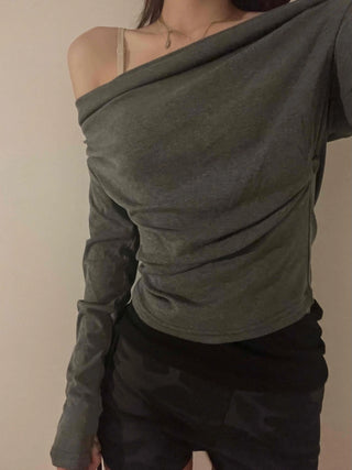 Simple Trendy Plain Off-Shoulder Drape T-shirt