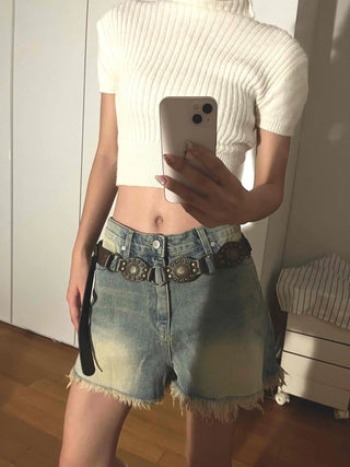 Basic Knee-length Denim Pocket Shorts