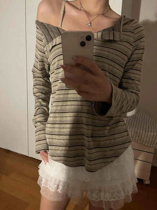 Natural Autumn Cotton Striped Long Sleeve T-shirt
