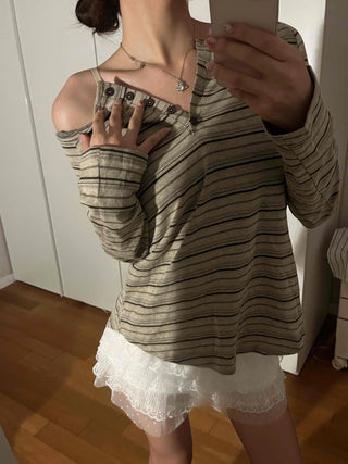 Natural Autumn Cotton Striped Long Sleeve T-shirt
