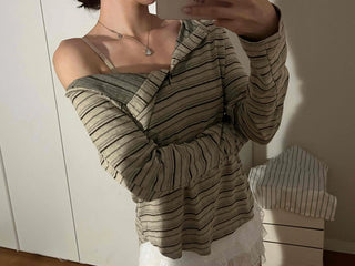 Natural Autumn Cotton Striped Long Sleeve T-shirt